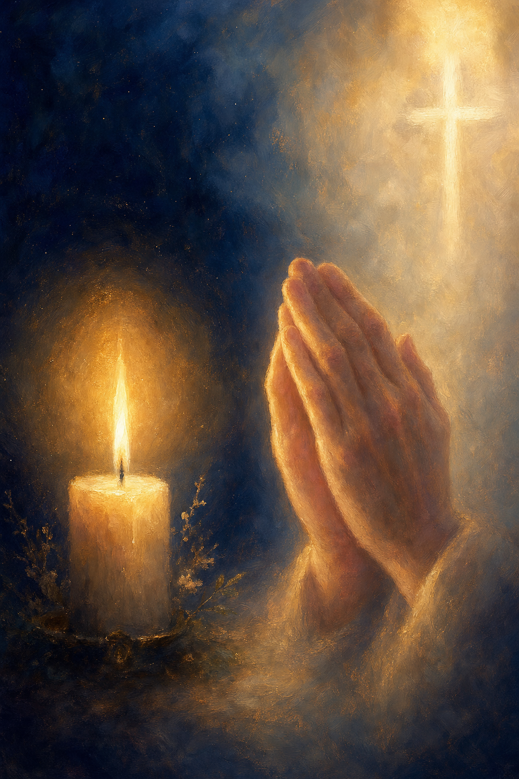 A candle glowing softly beside hands clasped in prayer