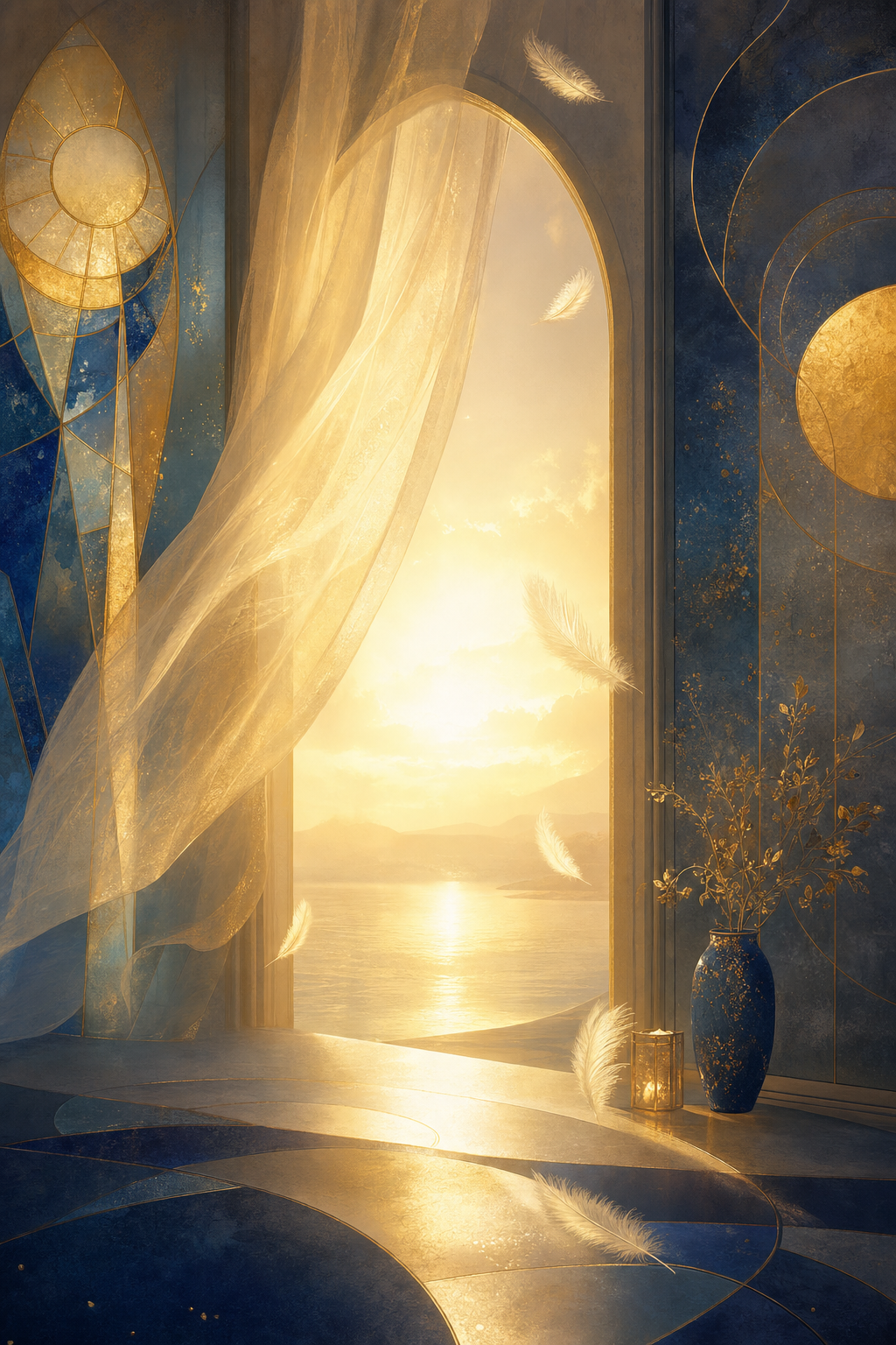 Sunrise light spilling through a quiet sanctuary doorway with drifting feathers